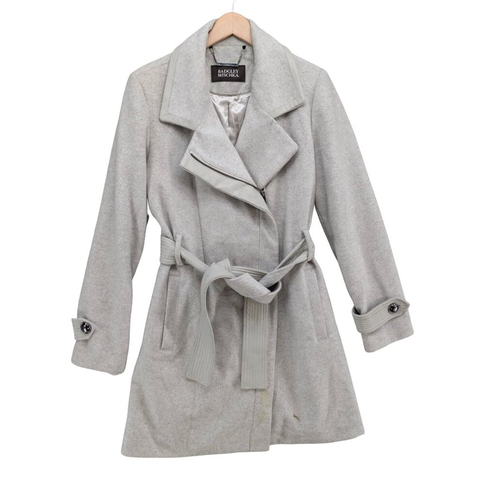 Badgley Mischka Belted Trench Coat Womens Light Grey Wool Blend Size L
